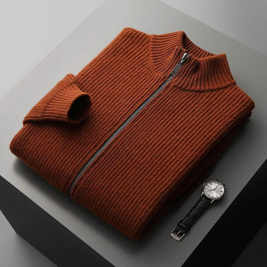 Thickened Autumn And Winter Wool Cardigan Men's Stand Collar Zipper Knitted Jacket With Pocket - Velora