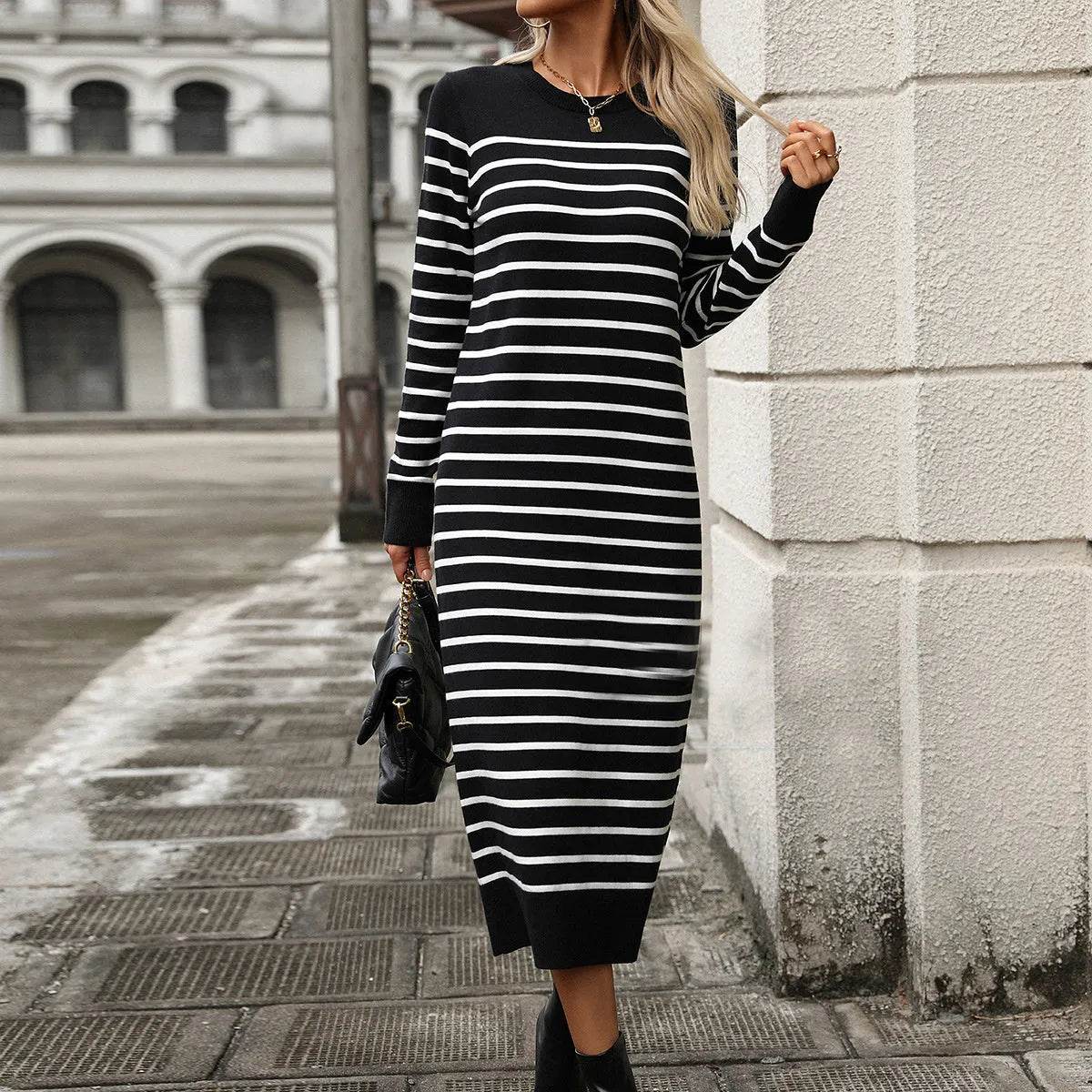 Slim Striped Printed Long Cashmere Dress Autumn And Winter Long Sleeve Dresses For Women - Velora