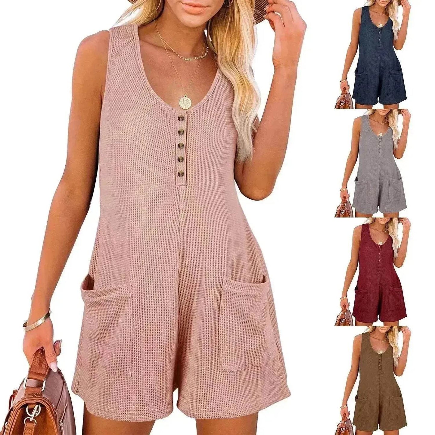 Casual Waffle Button Jumpsuit With Pockets Fashion Summer Beach Straight Shorts Overall Pants Womens Clothing - Velora