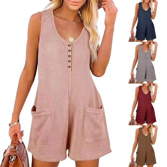 Casual Waffle Button Jumpsuit With Pockets Fashion Summer Beach Straight Shorts Overall Pants Womens Clothing - Velora