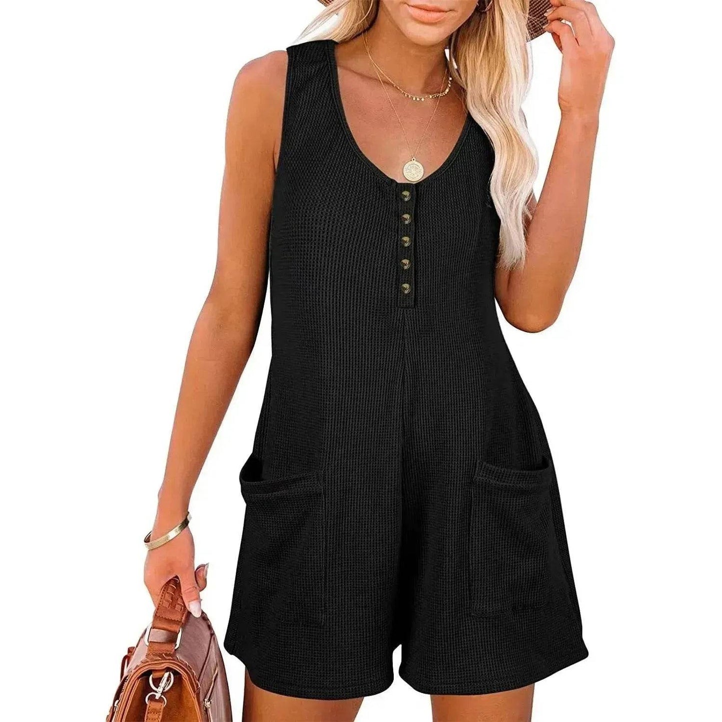 Casual Waffle Button Jumpsuit With Pockets Fashion Summer Beach Straight Shorts Overall Pants Womens Clothing - Velora