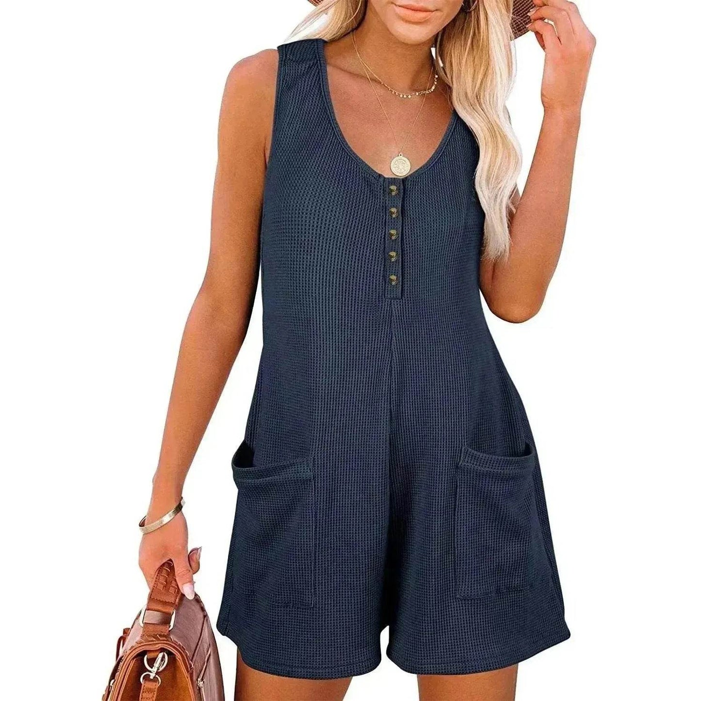 Casual Waffle Button Jumpsuit With Pockets Fashion Summer Beach Straight Shorts Overall Pants Womens Clothing - Velora