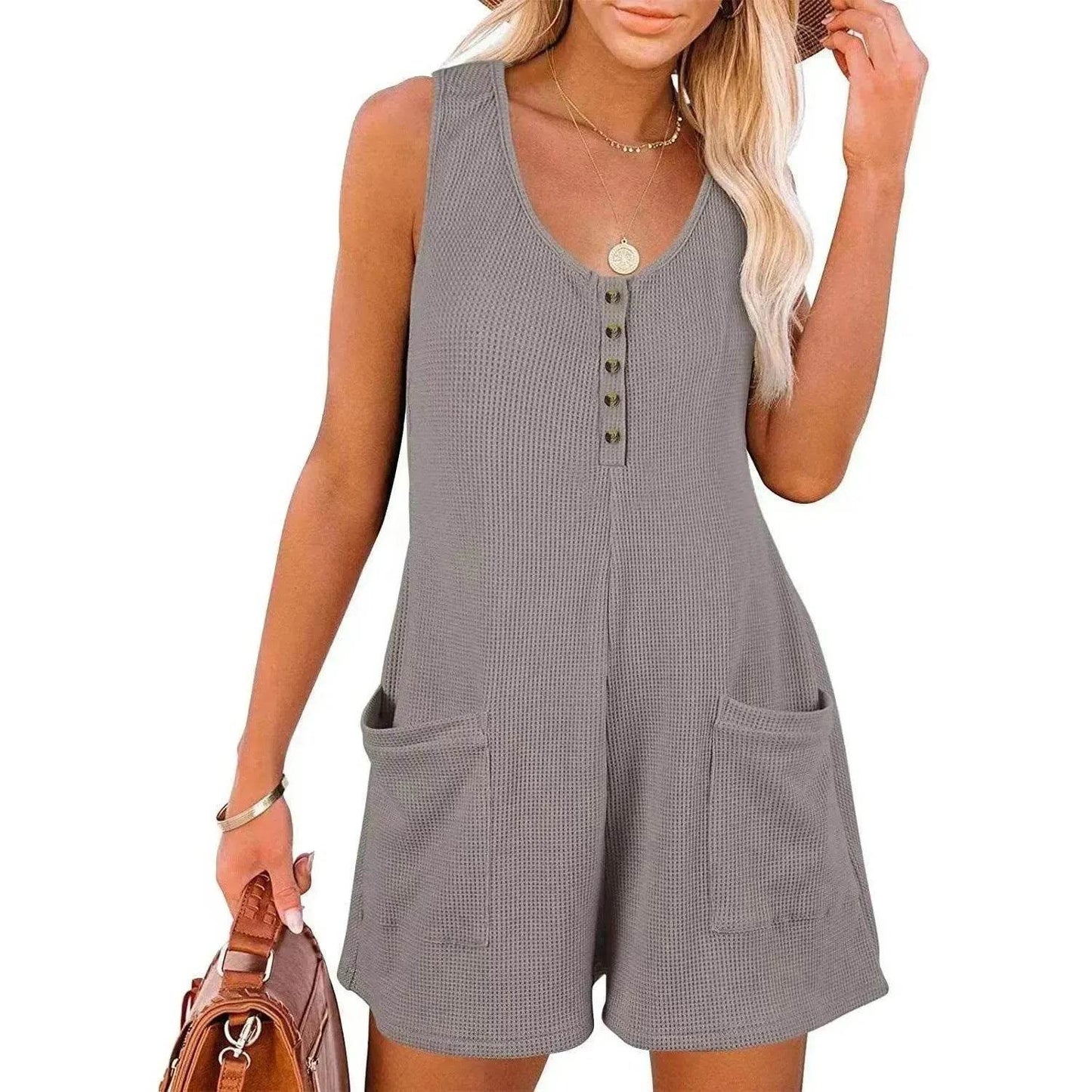 Casual Waffle Button Jumpsuit With Pockets Fashion Summer Beach Straight Shorts Overall Pants Womens Clothing - Velora