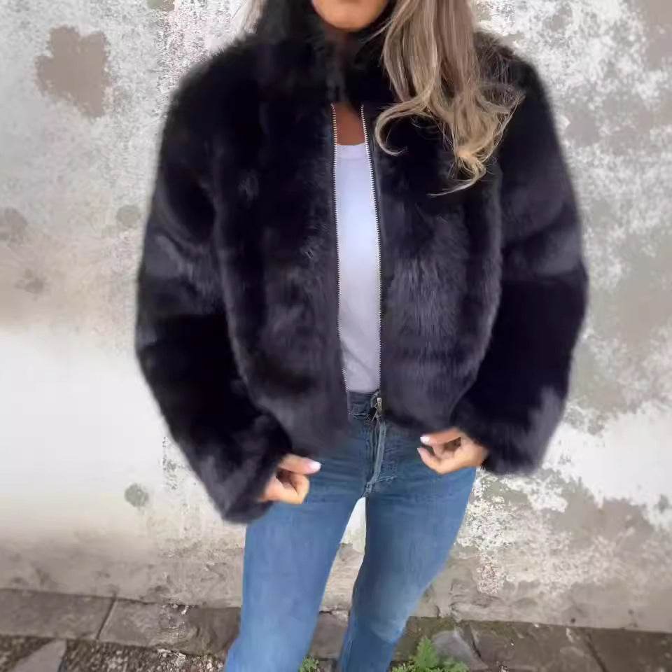 Fashion Stand Collar Plush Jacket Winter Casual Turtleneck Zipper Coat Fleece Tops Women's Clothing - Velora