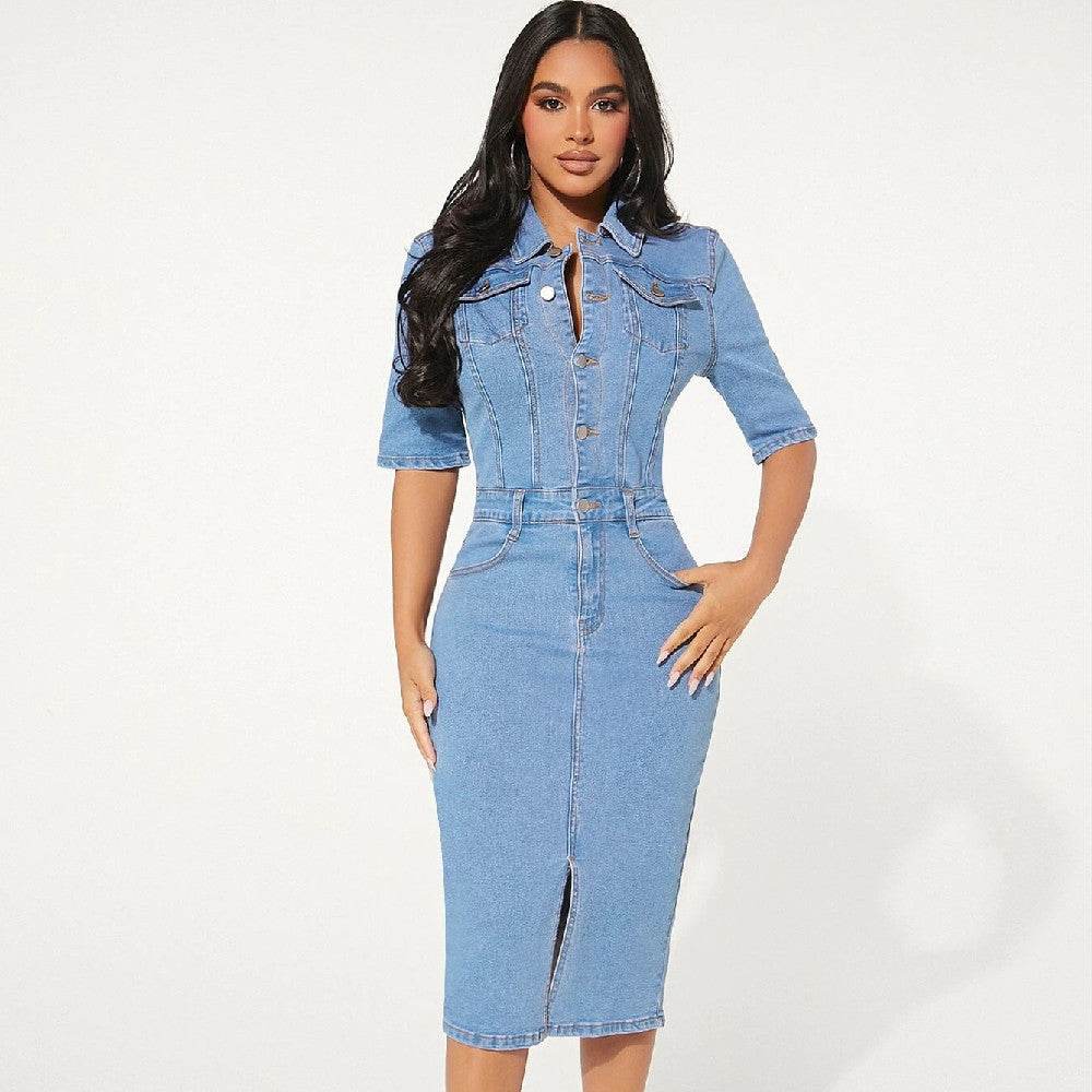 Women's Fashion Personality fitted Denim Hip-wrapped Jeans Midi straight cut front split Dress - Velora