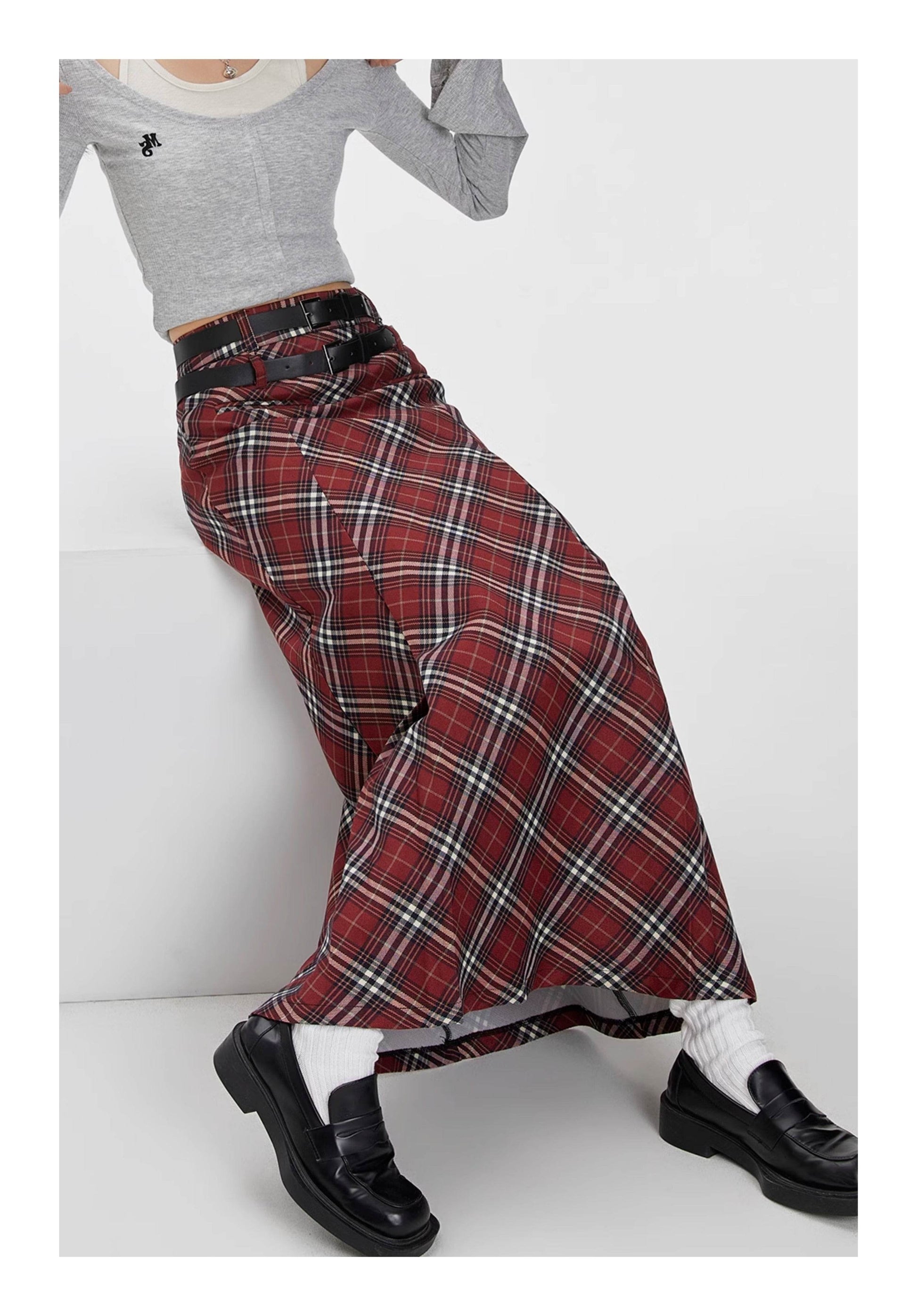Retro Plaid High Waist student maxi Skirt - Velora
