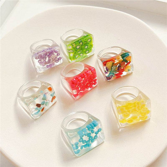 New Transparent Resin Ring Fruit Square Ring Acrylic Ring - Velora