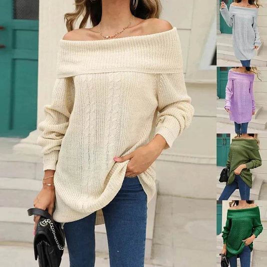 Lapel Loose Off shoulder Winter Knitted Tunic top - Velora