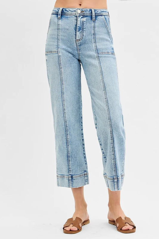 RISEN Full Size High Rise Crop Wide Front Seam Detailed Jeans Plus Size - Velora