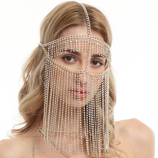 Punk Rhinestone Tassel Fringed Face Mask Head Chains - Velora