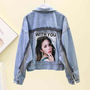 Fringe Denim Jacket Cotton Loose Fit for Women