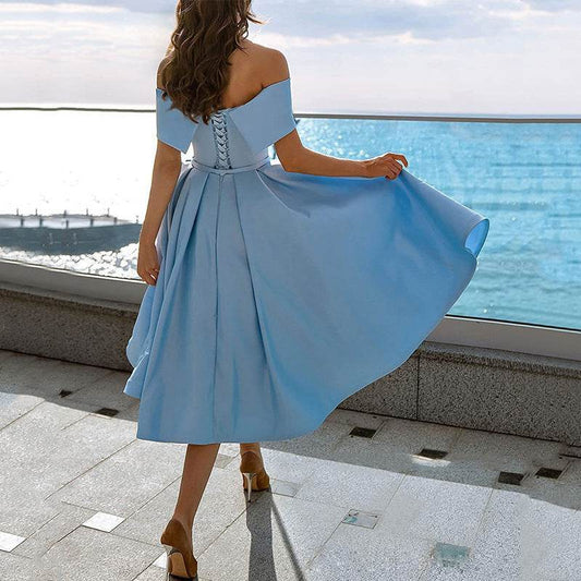 Women's Fashion Casual Strapless Satin Party Dress Off The Shoulder Tea Length Satin Prom Dresses With Pockts Formal Evening Party Dress - Velora