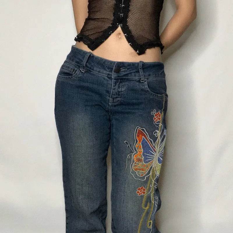 Fashion Women's Sexy High Waist Retro Individual Butterfly Print Bootcut Jeans - Velora