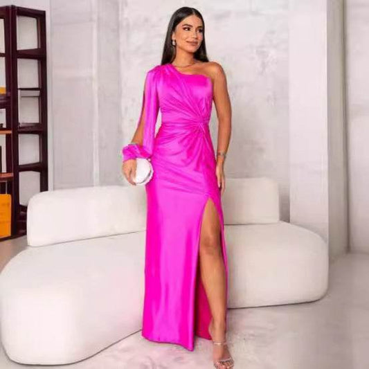 Women's One-shoulder Split Dress Ins Fashion Long-sleeved Slim Long Dresses Party Evening Clothing - Velora