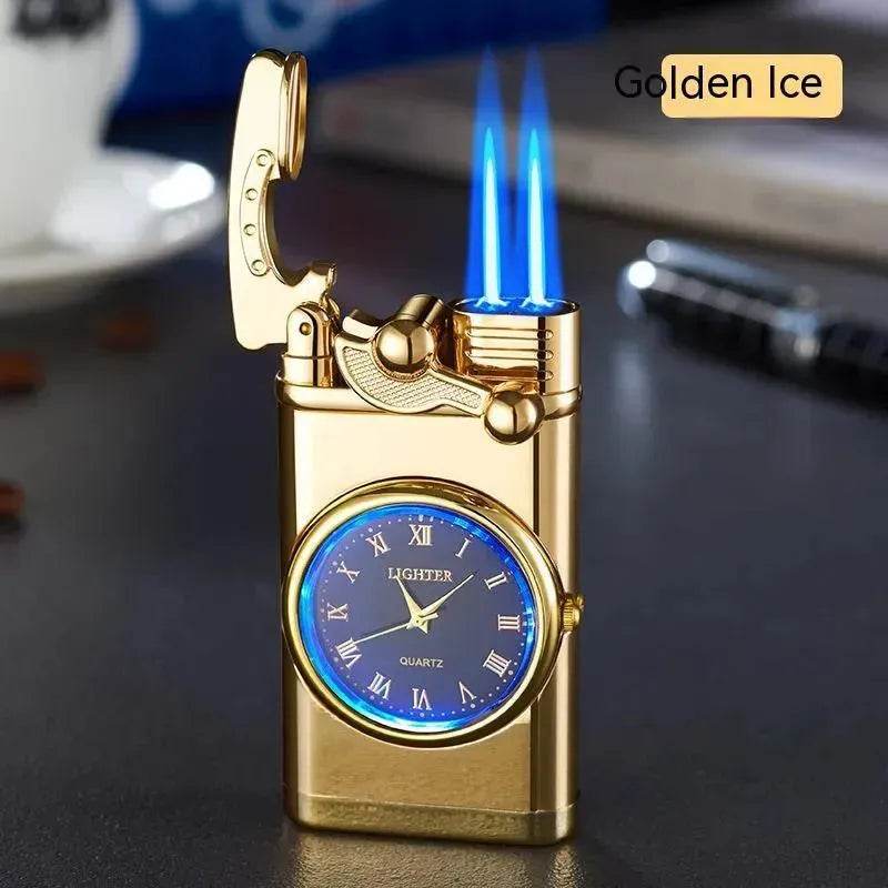 New Lighter With Electric Watch Rocker Arm Automatic Ignition Straight Blue Flame Lighter Creative Real Dial Inflatable Windproof Cigar Lighter Men's Watch Gift