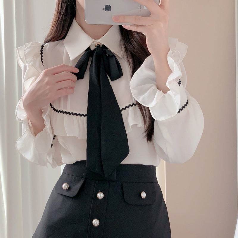 Elegant Bow Ruffled Tied Flared long Sleeves Shirt For Women - Velora