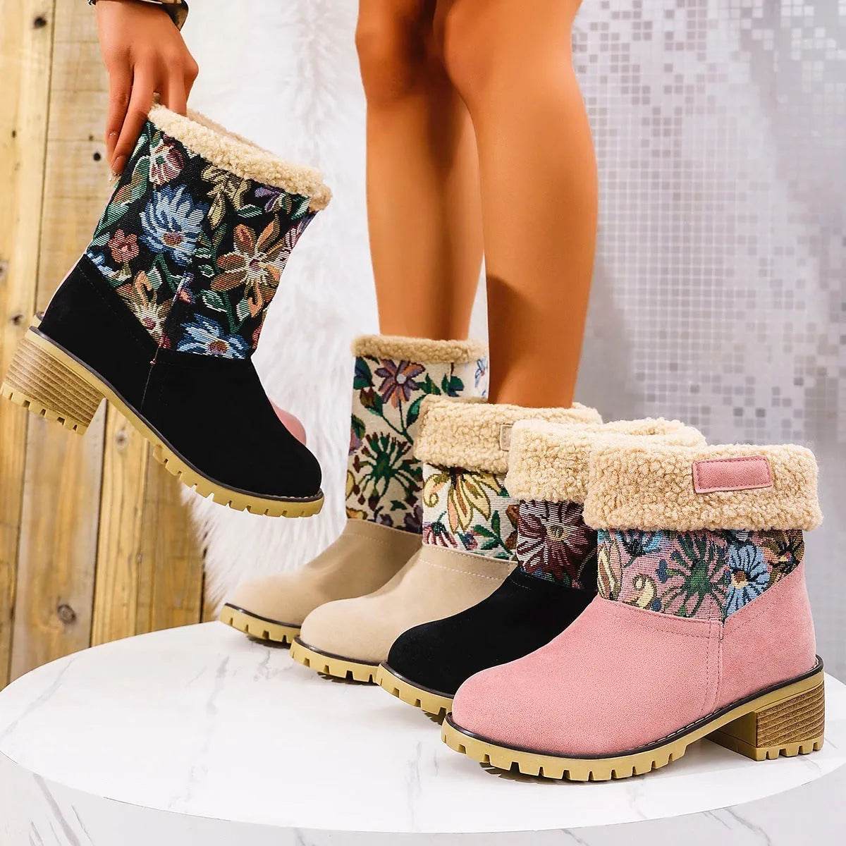 Flowers Embroidered Snow Boots Ethnic Style Platform Thick Square Heel Mid-tube Boot Winter Warm Cotton Shoes For Women - Velora