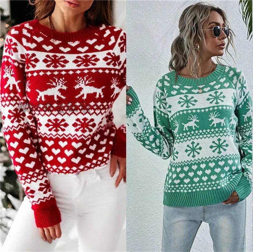 Elk Autumn And Winter New Knitted Round Neck Women's Christmas Snowflake Pullover Women's Sweater - Velora
