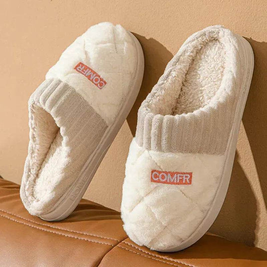 Solid Rhombic Letter Home Slippers Winter Warm Non-slip Floor Bedroom Plush Slipper For Couple House Shoes Women Men - Velora