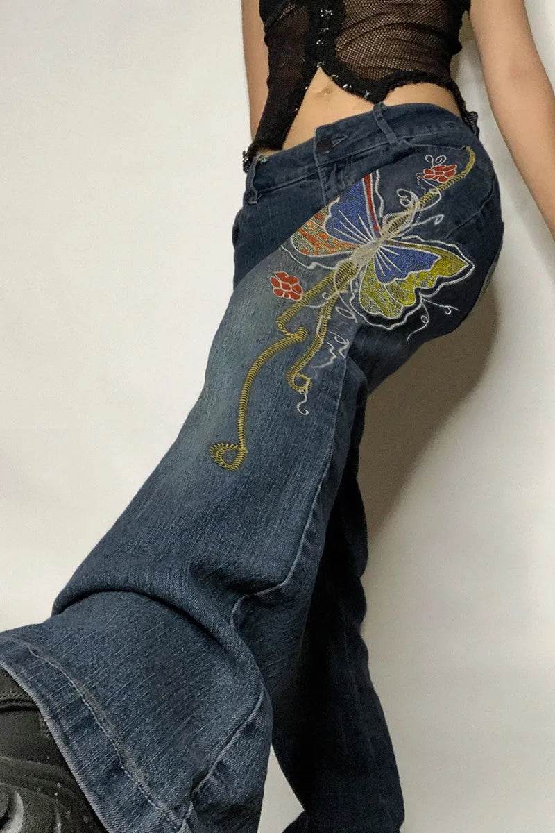 Fashion Women's Sexy High Waist Retro Individual Butterfly Print Bootcut Jeans - Velora