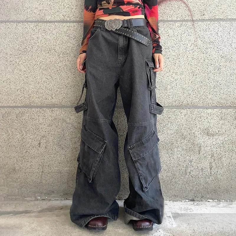 Ribbon Multi-pocket Workwear Baggy Jeans Pant For Women - Velora