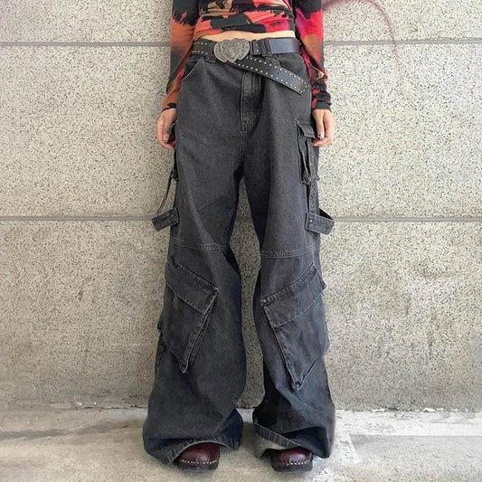 Ribbon Multi-pocket Workwear Baggy Jeans Pant For Women - Velora