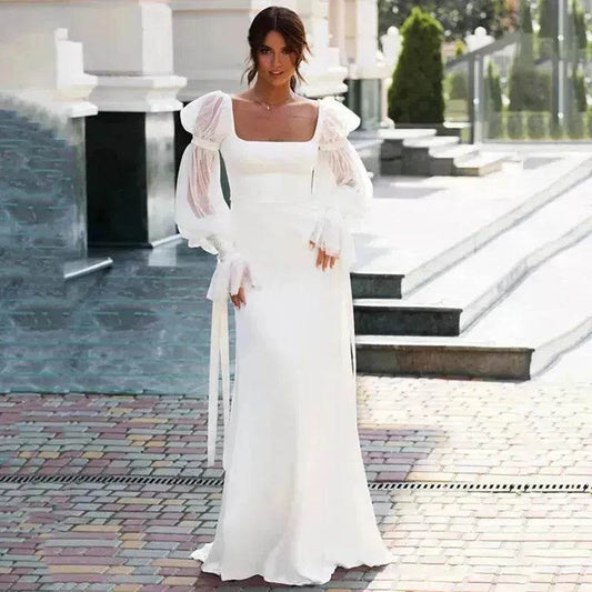 Women's Ruffled Long Sleeve Banquet Temperament High Waist Mop White Wedding  Party Fish Tail Styled  Dress Mermaid Dress