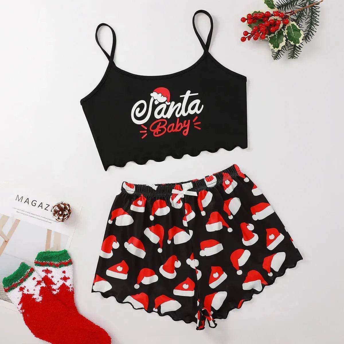 Christmas European And American Thin Pajamas Women's Sleeveless Shorts Milk Silk Simple Casual Two-piece Suit Homewear - Velora