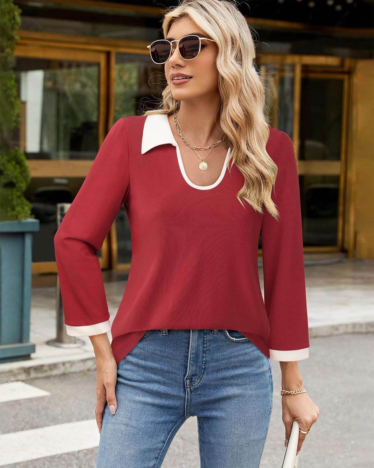 Casual Color Matching Lapel Long Sleeve Blouse Top Women - Velora
