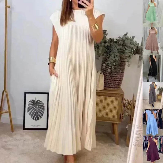 Women Summer Pleated Maxi Dress Casual Short Sleeve Crewneck Flowy Swing Long Dress with Pockets - Velora