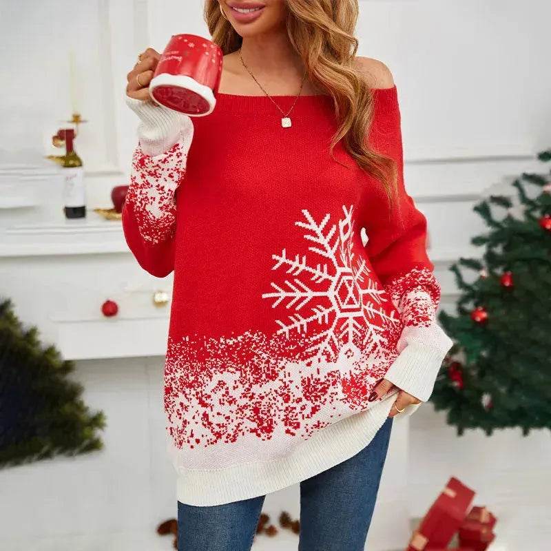 Snowflake Off-the-shoulder Cashmere Christmas Sweater top Women - Velora