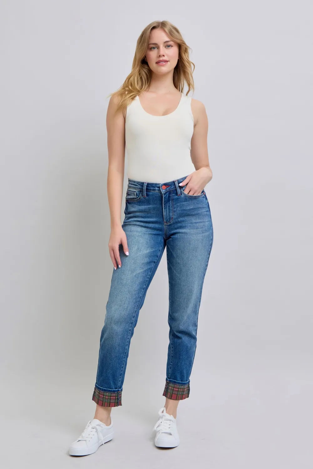 Judy Blue Full Size Plaid Print Cuff Straight Leg Jeans with Pockets - Velora