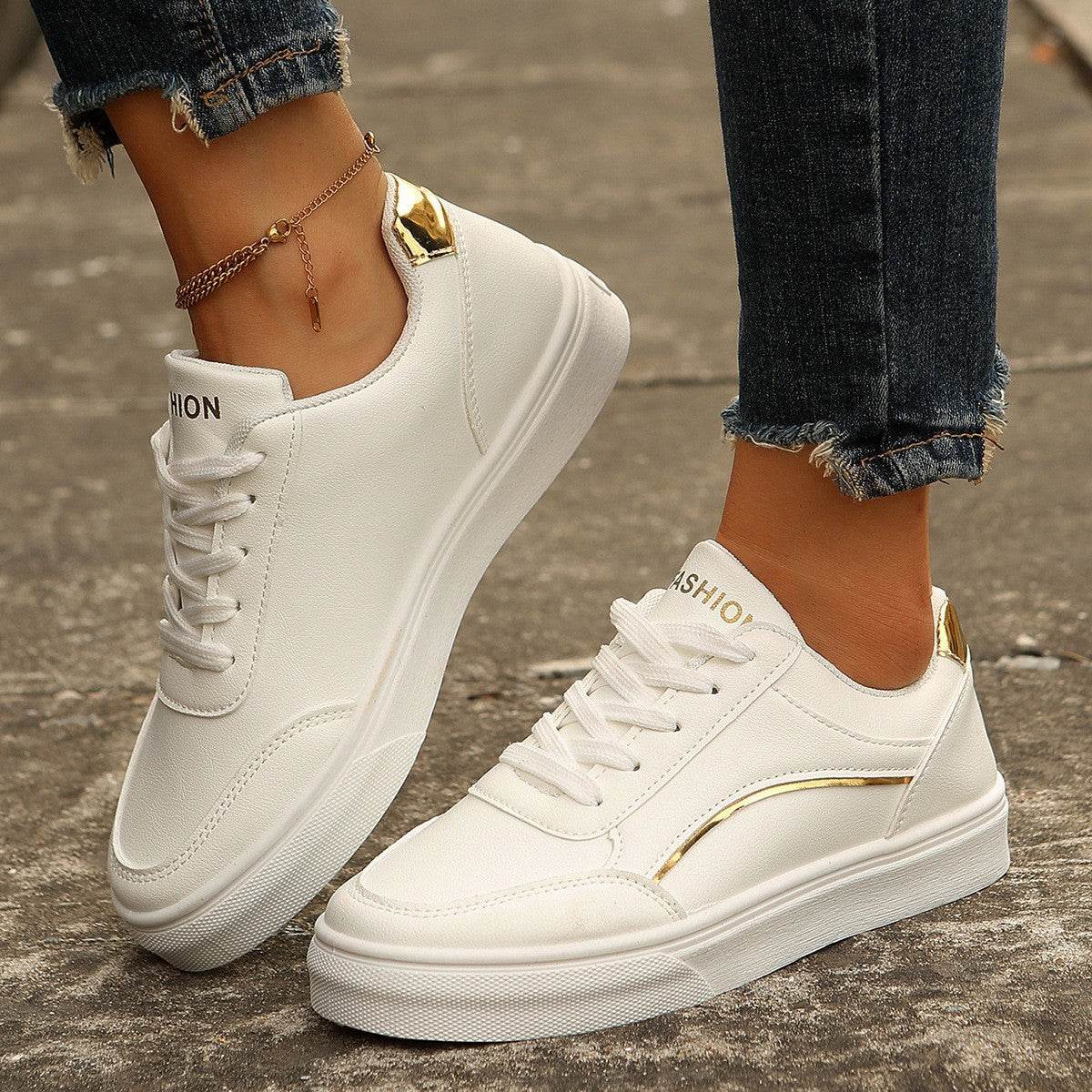 Lace-up White Flats Shoes Fashion Round Toe Slip-on Thick Sole Casual Shoes For Women - Velora