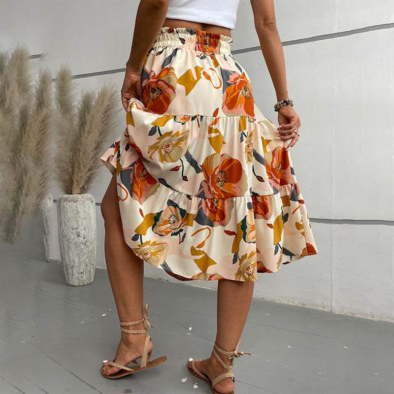 Women's Floral Tiered Midi Skirt Elastic Waist Dressy Casual A-line Flowy Boho Skirts - Velora