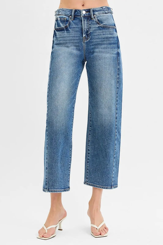 RISEN High Rise Crop Length Barrel Adjustable Waist Band Jeans - Velora