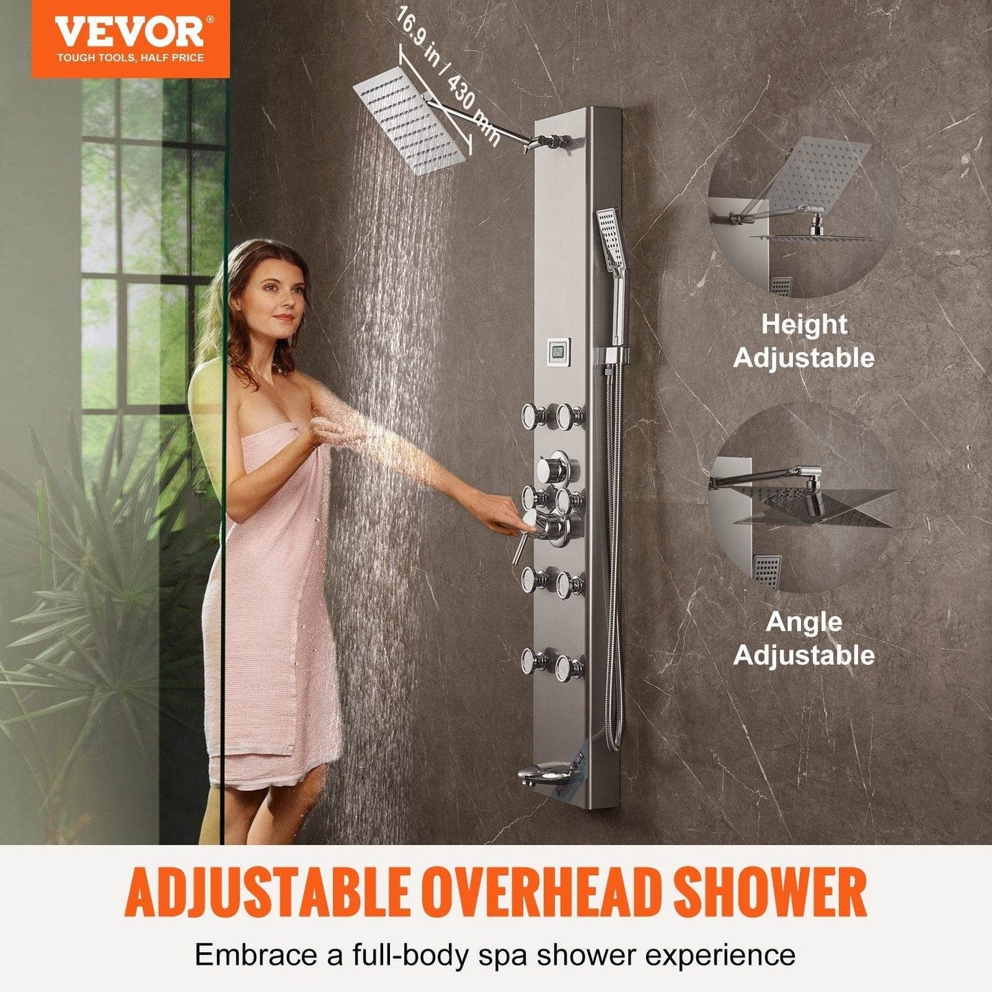 Shower Panel System, 5 Shower Modes, Digital Display Shower Panel Tower, Rainfall, 8 Massage Jets, Tub Spout, 3-Setting Handheld Shower Head 59 Hose, Stainless Steel Wall-Mounted Shower Set - Velora