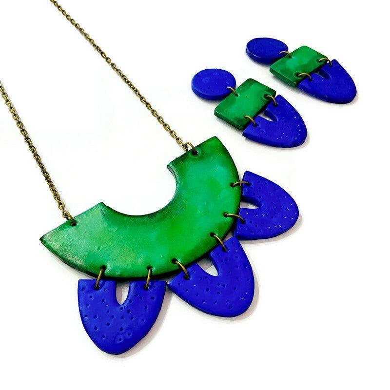Clay Collar Statement Necklace Painted Green Blue - Velora Luxury Fashion