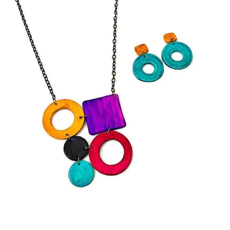 Colorful Geometric Necklace with Turquoise Hoop Earrings, Polymer Clay Jewelry Set Hand Painted - Velora Luxury Fashion