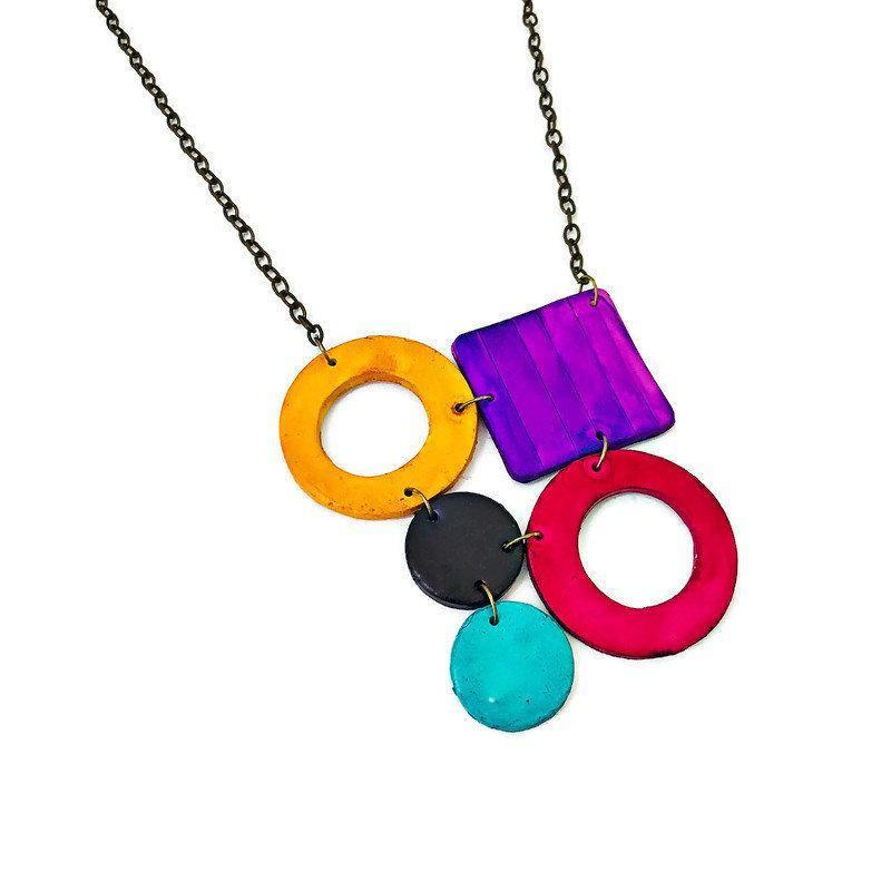Colorful Geometric Necklace with Turquoise Hoop Earrings, Polymer Clay Jewelry Set Hand Painted - Velora Luxury Fashion