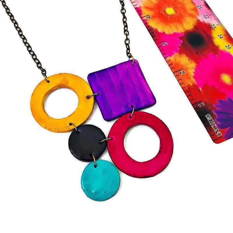 Colorful Geometric Necklace with Turquoise Hoop Earrings, Polymer Clay Jewelry Set Hand Painted - Velora Luxury Fashion