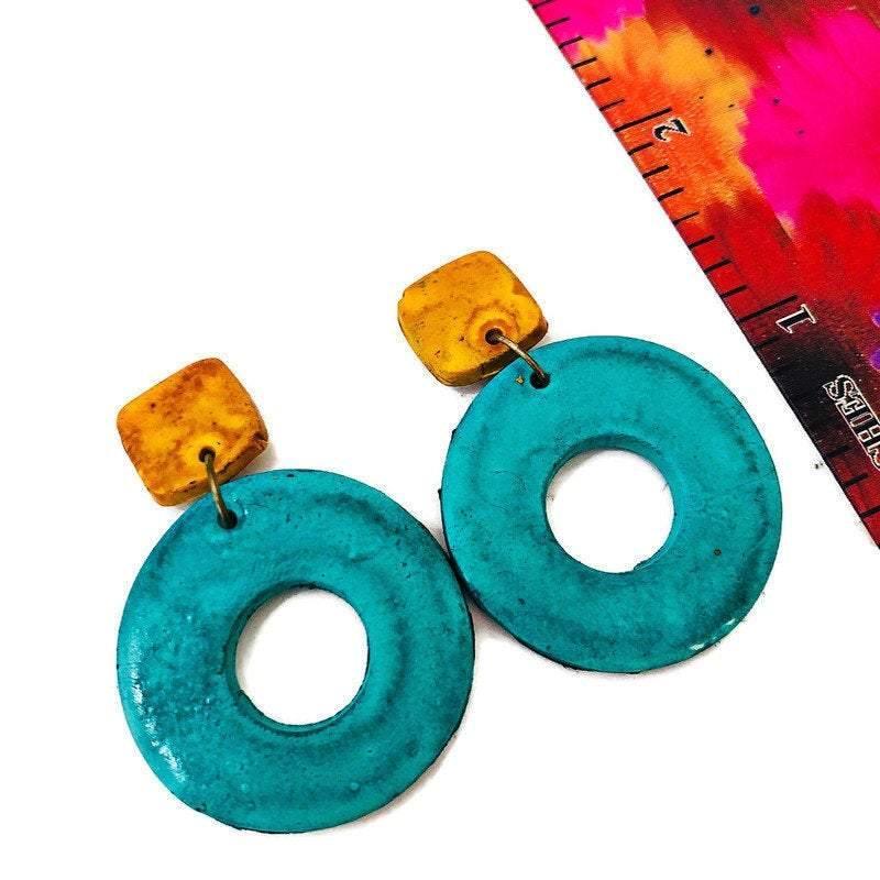 Colorful Geometric Necklace with Turquoise Hoop Earrings, Polymer Clay Jewelry Set Hand Painted - Velora Luxury Fashion