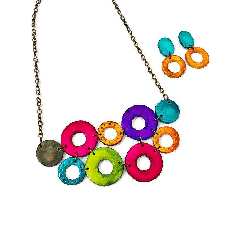 Colorful Jewelry Set with Linked Statement Necklace & Matching Earrings Handmade & Painted - Velora Luxury Fashion