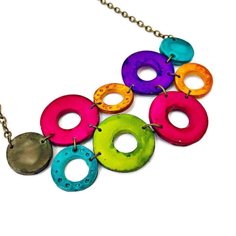 Colorful Jewelry Set with Linked Statement Necklace & Matching Earrings Handmade & Painted - Velora Luxury Fashion