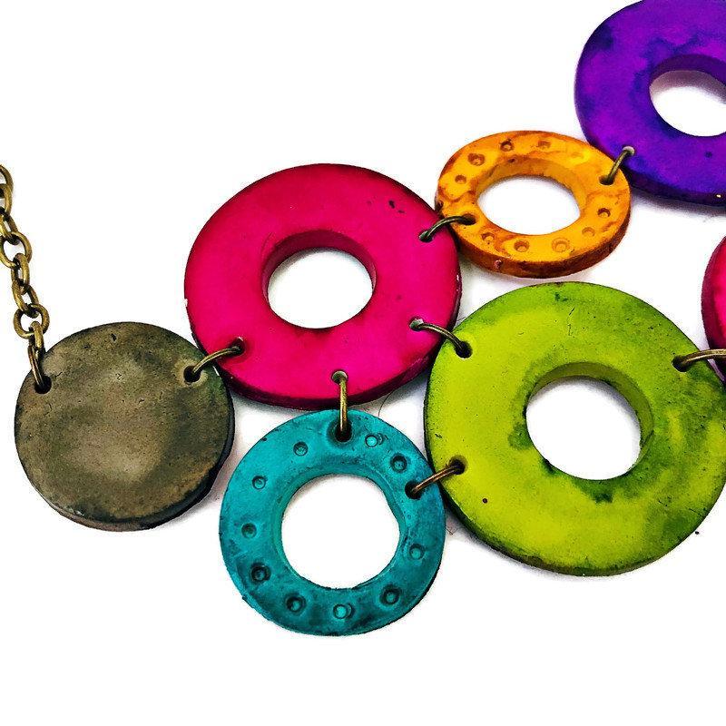 Colorful Jewelry Set with Linked Statement Necklace & Matching Earrings Handmade & Painted - Velora Luxury Fashion