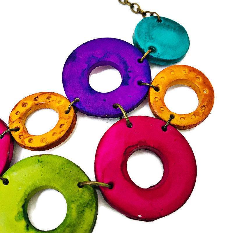 Colorful Jewelry Set with Linked Statement Necklace & Matching Earrings Handmade & Painted - Velora Luxury Fashion