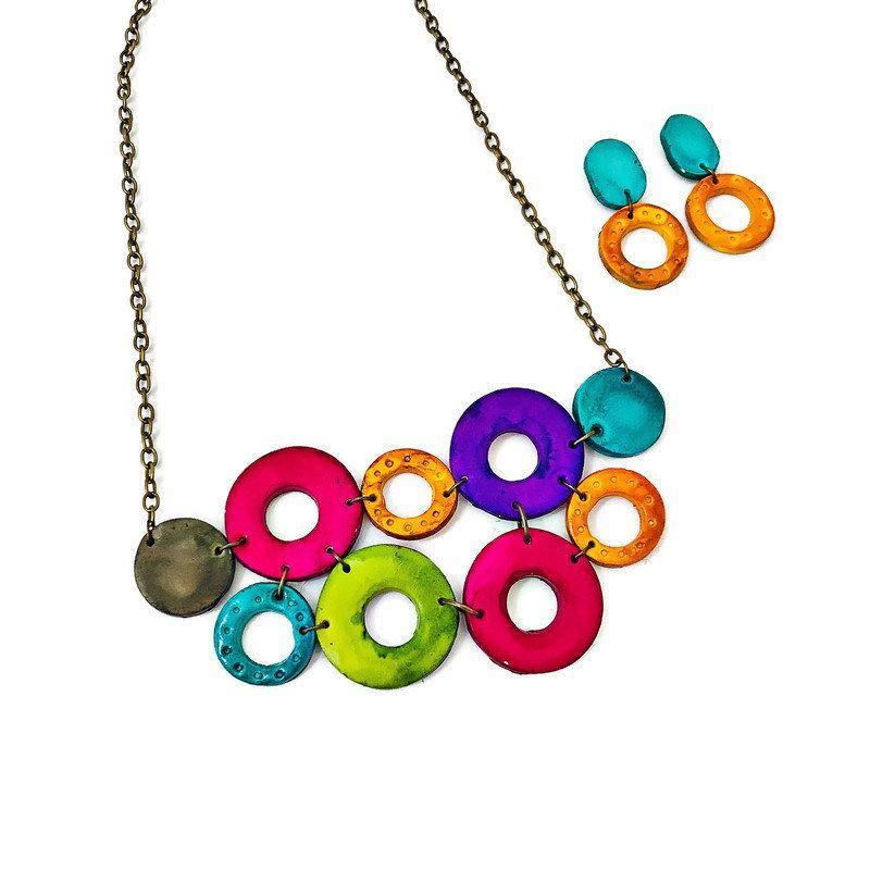 Colorful Linked Circle Statement Necklace Handmade from Clay & Hand Painted - Velora Luxury Fashion
