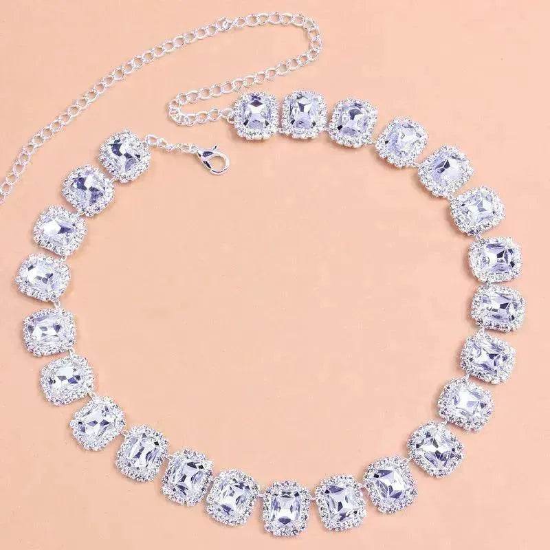 Crystal Rhinestone Fashion Square Stone Necklace for Women Wedding Bridesmaid Necklaces - Velora