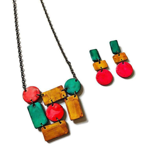 Cute Clay Geometric Jewelry Set with Statement Necklace & Matching Earrings - Velora Luxury Fashion
