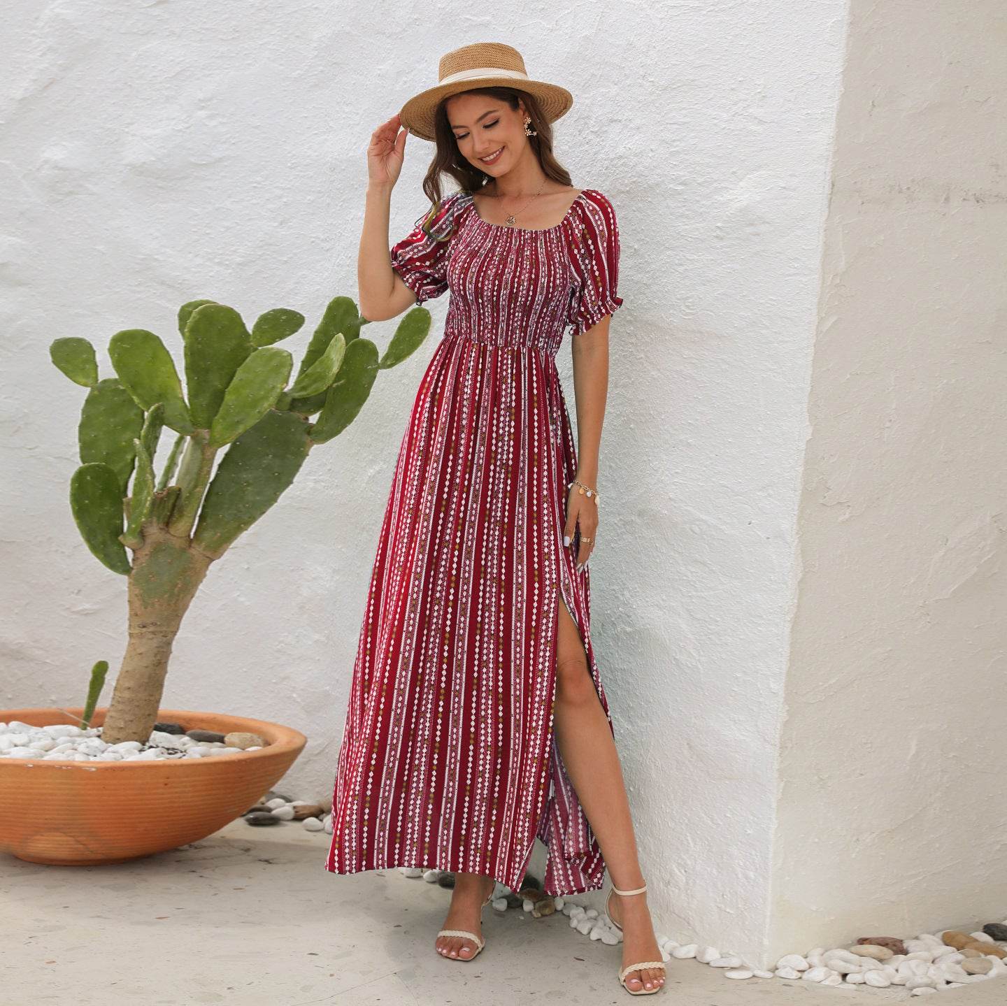 Elegant Off shoulder Spring Summer Maxi dress Slit Chiffon maxi dress for Beach vacation resort travel - Velora