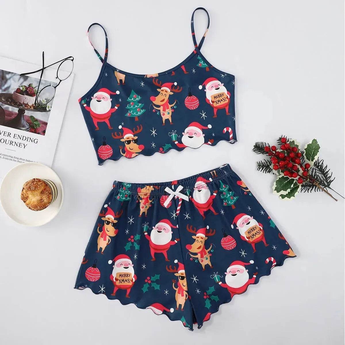 Christmas European And American Thin Pajamas Women's Sleeveless Shorts Milk Silk Simple Casual Two-piece Suit Homewear - Velora